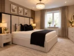 Extended wide headboard bed in cream with black cushions and throw