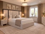 Extended wide headboard panel bed with 60 inch panelled headboard, side view