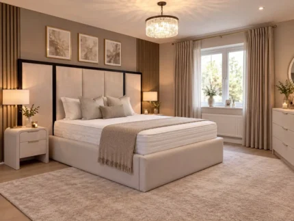 Extended wide headboard panel bed with 60 inch panelled headboard, side view
